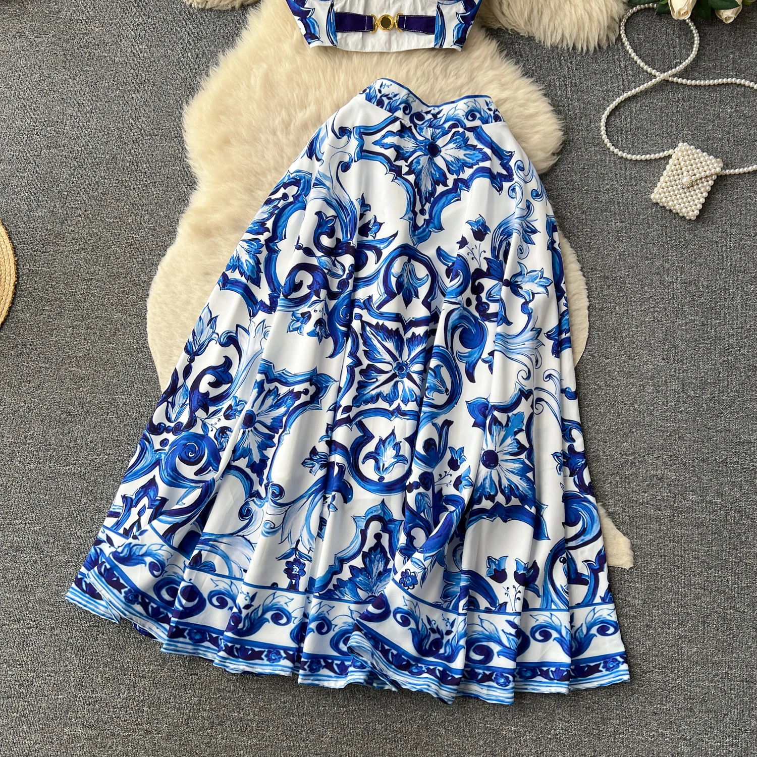 Summer Bohemain Blue And White Porcelain 2 Pieces Set Women Spaghetti Strap Padded Cup Tank Camis Tops + Print Long Skirt Suit
