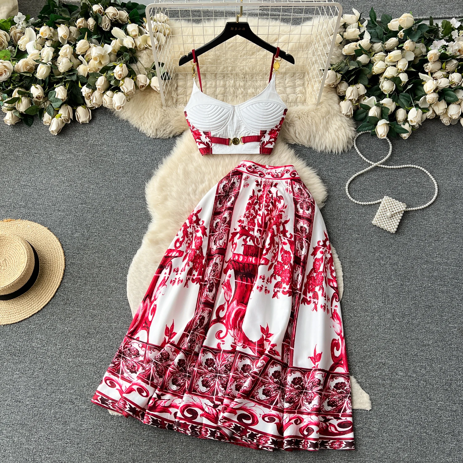 Summer Bohemain Blue And White Porcelain 2 Pieces Set Women Spaghetti Strap Padded Cup Tank Camis Tops + Print Long Skirt Suit