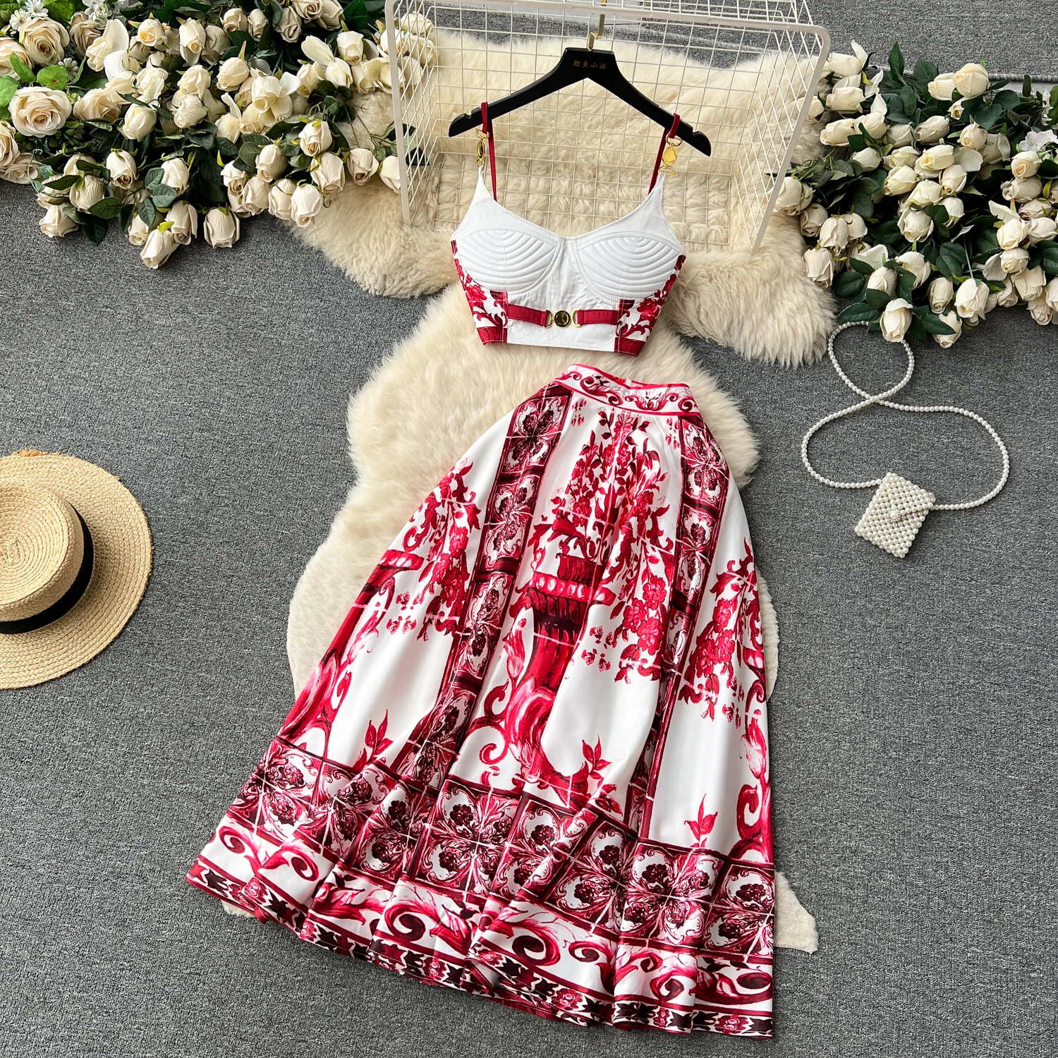 Summer Bohemain Blue And White Porcelain 2 Pieces Set Women Spaghetti Strap Padded Cup Tank Camis Tops + Print Long Skirt Suit