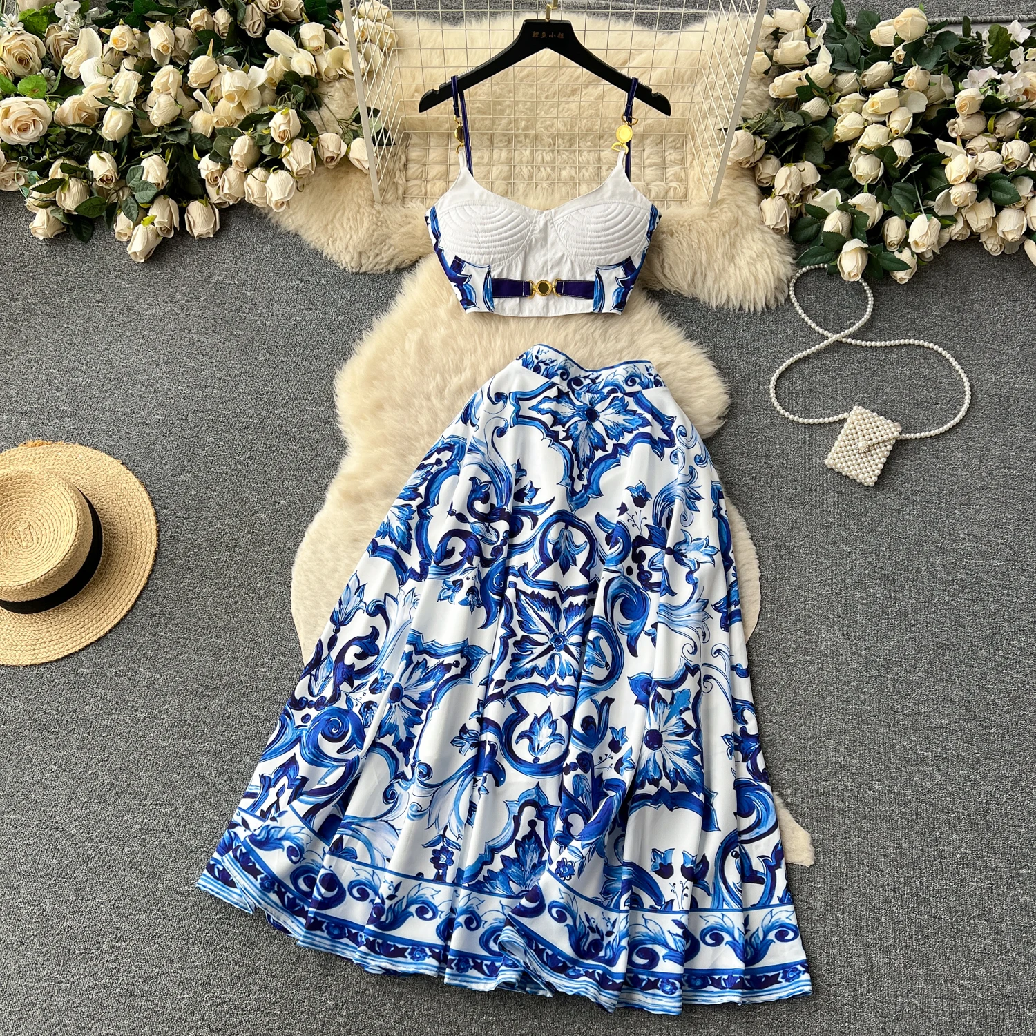 Summer Bohemain Blue And White Porcelain 2 Pieces Set Women Spaghetti Strap Padded Cup Tank Camis Tops + Print Long Skirt Suit