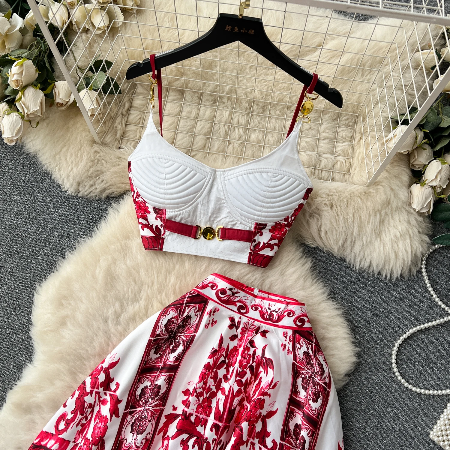 Summer Bohemain Blue And White Porcelain 2 Pieces Set Women Spaghetti Strap Padded Cup Tank Camis Tops + Print Long Skirt Suit