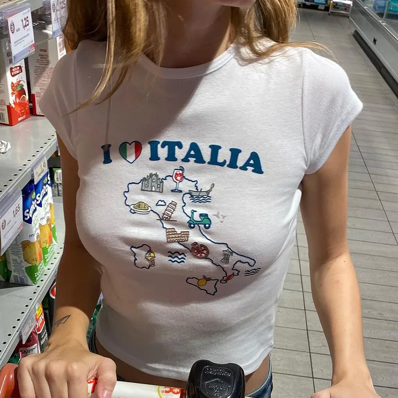 I Love Italy Letters Cartoon Print Gothic Grunge Harajuku Short Sleeve Crop Tops Summer Women T-shirt Baby Tee Slim Y2k Clothes