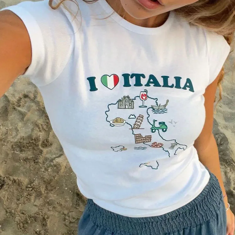 I Love Italy Letters Cartoon Print Gothic Grunge Harajuku Short Sleeve Crop Tops Summer Women T-shirt Baby Tee Slim Y2k Clothes