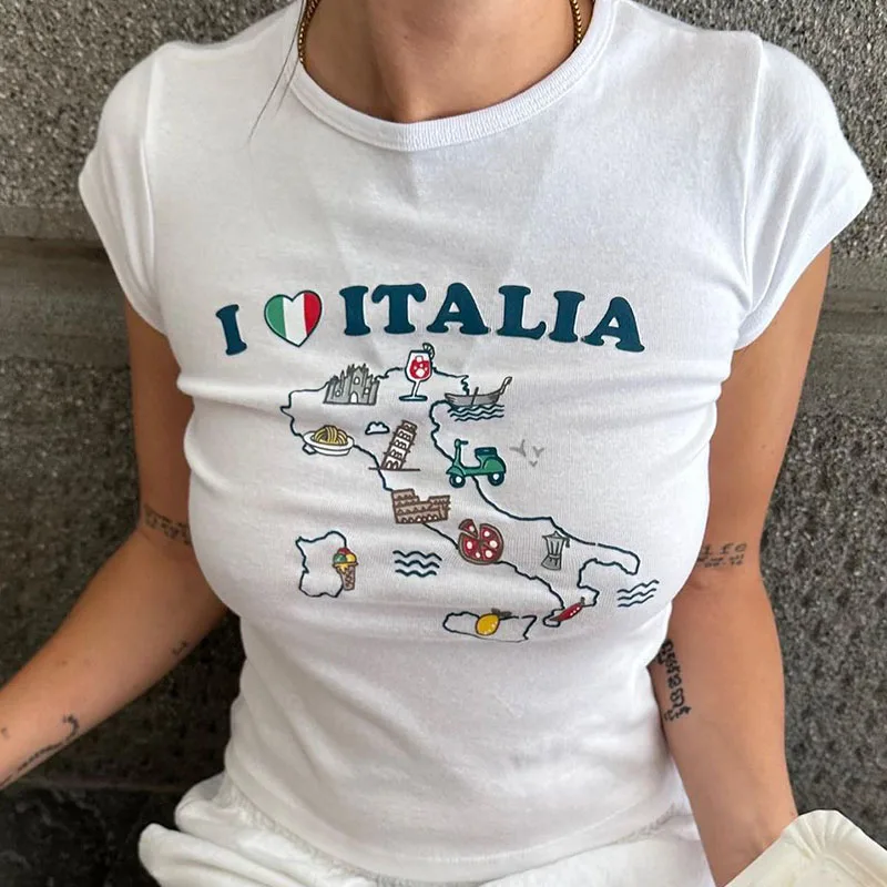 I Love Italy Letters Cartoon Print Gothic Grunge Harajuku Short Sleeve Crop Tops Summer Women T-shirt Baby Tee Slim Y2k Clothes