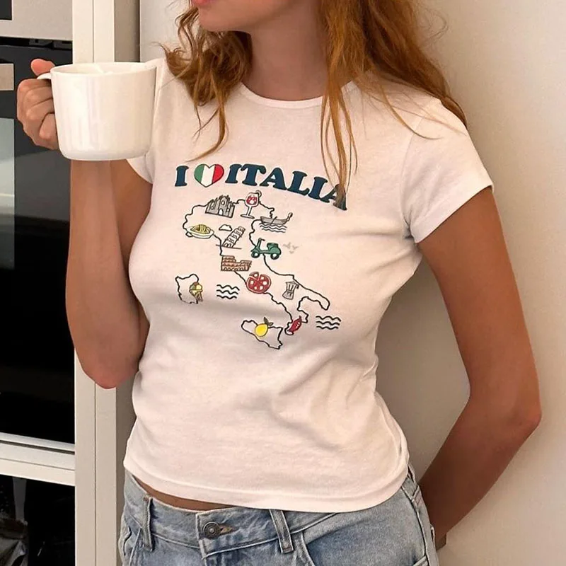 I Love Italy Letters Cartoon Print Gothic Grunge Harajuku Short Sleeve Crop Tops Summer Women T-shirt Baby Tee Slim Y2k Clothes