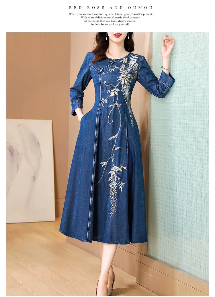 TIYIHAILEY Women Long Mid-Calf Embroidery Dress Autumn Denim M Chinese Style Cheongsam 2026 New Vintage