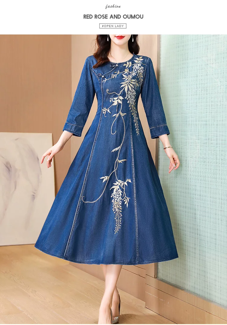 TIYIHAILEY Women Long Mid-Calf Embroidery Dress Autumn Denim M Chinese Style Cheongsam 2026 New Vintage