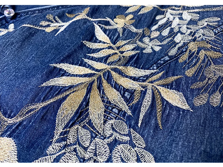 TIYIHAILEY Women Long Mid-Calf Embroidery Dress Autumn Denim M Chinese Style Cheongsam 2026 New Vintage