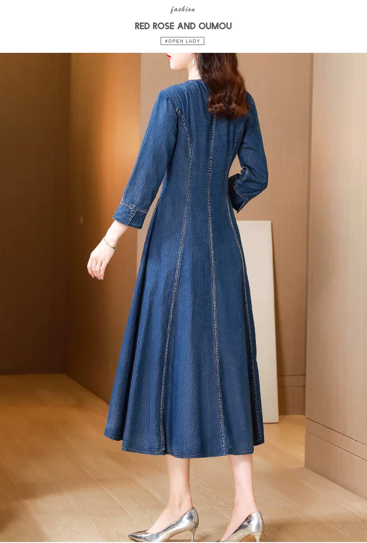 TIYIHAILEY Women Long Mid-Calf Embroidery Dress Autumn Denim M Chinese Style Cheongsam 2026 New Vintage