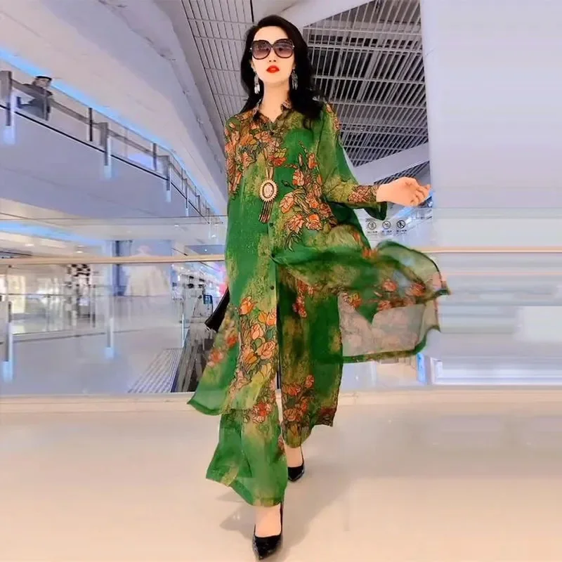 2023 Spring/Summer New Fashion Set Large Size Temperament Printed Silk Mulberry Silk Top Women Wide Leg Printed Covering Belly