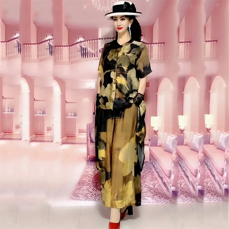 2023 Spring/Summer New Fashion Set Large Size Temperament Printed Silk Mulberry Silk Top Women Wide Leg Printed Covering Belly