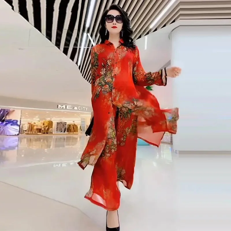 2023 Spring/Summer New Fashion Set Large Size Temperament Printed Silk Mulberry Silk Top Women Wide Leg Printed Covering Belly