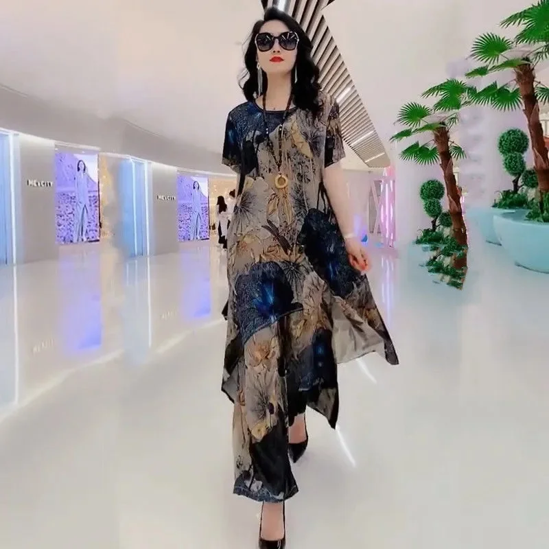 2023 Spring/Summer New Fashion Set Large Size Temperament Printed Silk Mulberry Silk Top Women Wide Leg Printed Covering Belly