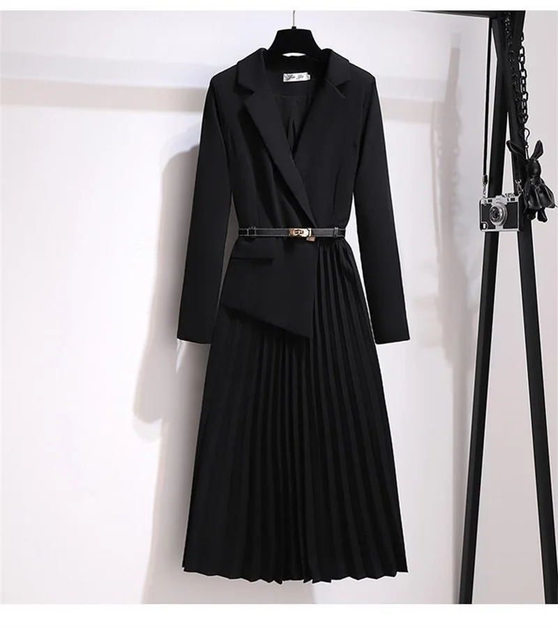 Spring Autumn Women's Dresses 2026 New Fashion Suit Collar Stitching Fake Two-Piece Elegant Lady Office Long Dress Vestidos