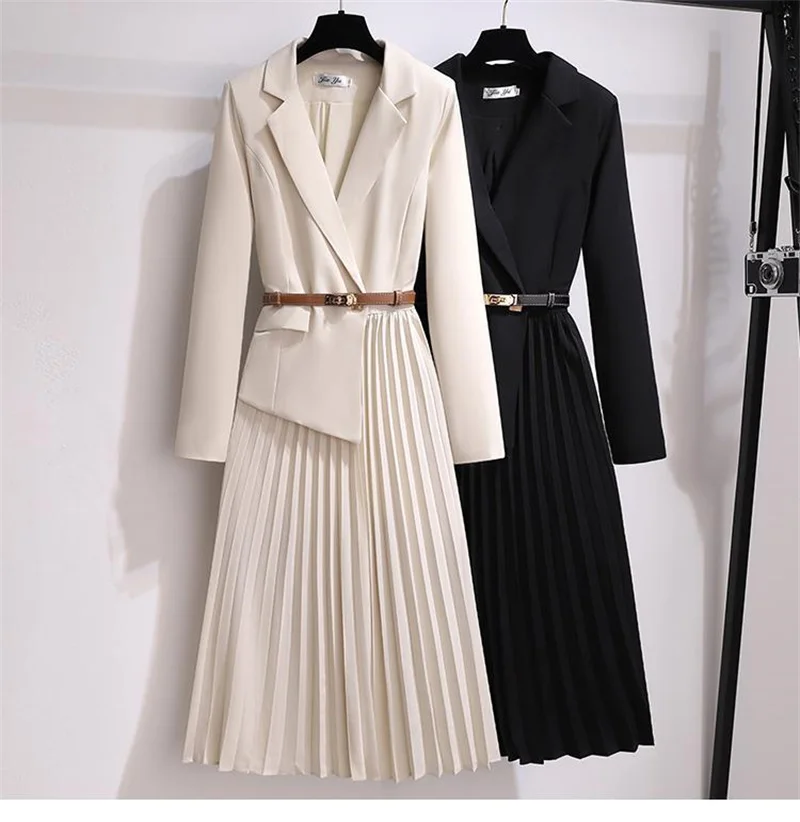 Spring Autumn Women's Dresses 2026 New Fashion Suit Collar Stitching Fake Two-Piece Elegant Lady Office Long Dress Vestidos
