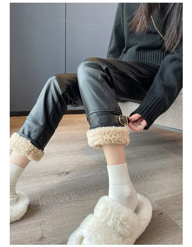 2026 Winter New Women Splicing Thickened Straight High Waisted Slimming Lamb Hair Leather Pants Korean Fashion