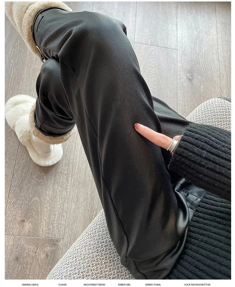 2026 Winter New Women Splicing Thickened Straight High Waisted Slimming Lamb Hair Leather Pants Korean Fashion