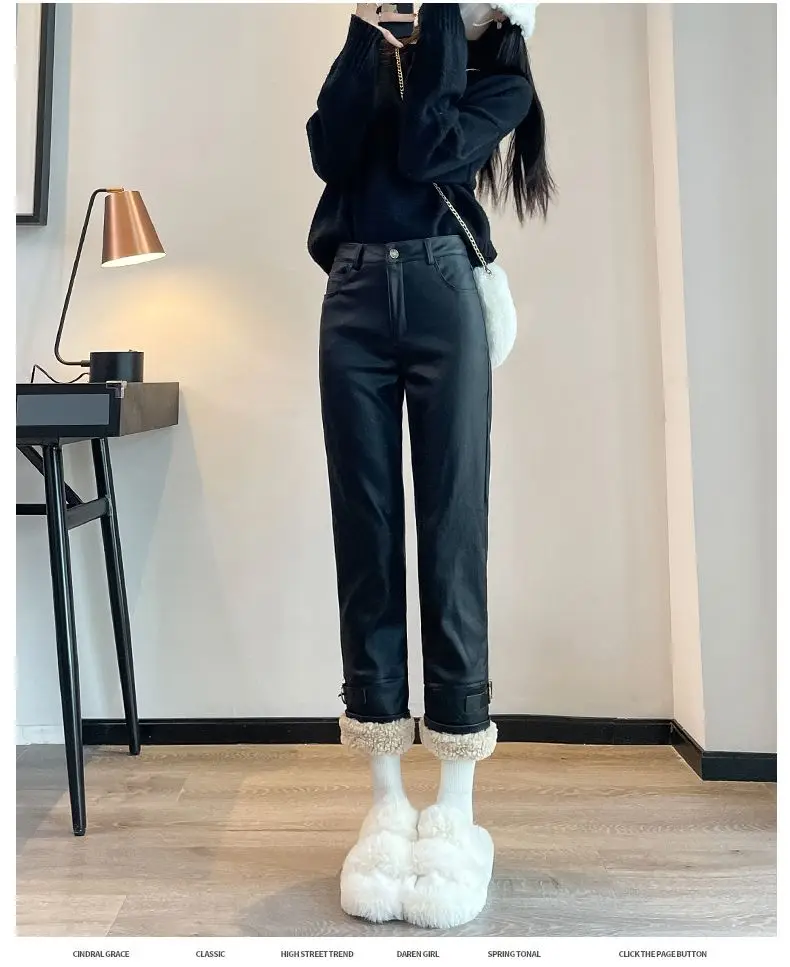 2026 Winter New Women Splicing Thickened Straight High Waisted Slimming Lamb Hair Leather Pants Korean Fashion