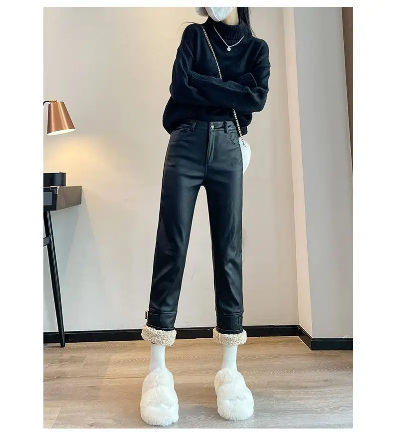 2026 Winter New Women Splicing Thickened Straight High Waisted Slimming Lamb Hair Leather Pants Korean Fashion