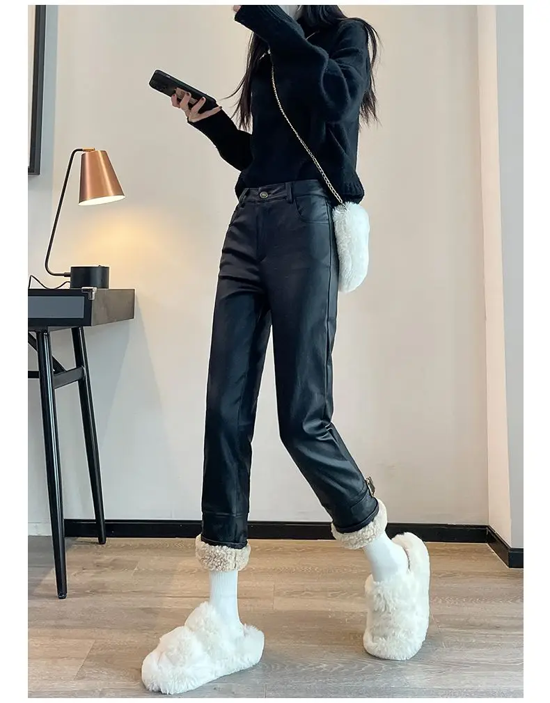 2026 Winter New Women Splicing Thickened Straight High Waisted Slimming Lamb Hair Leather Pants Korean Fashion