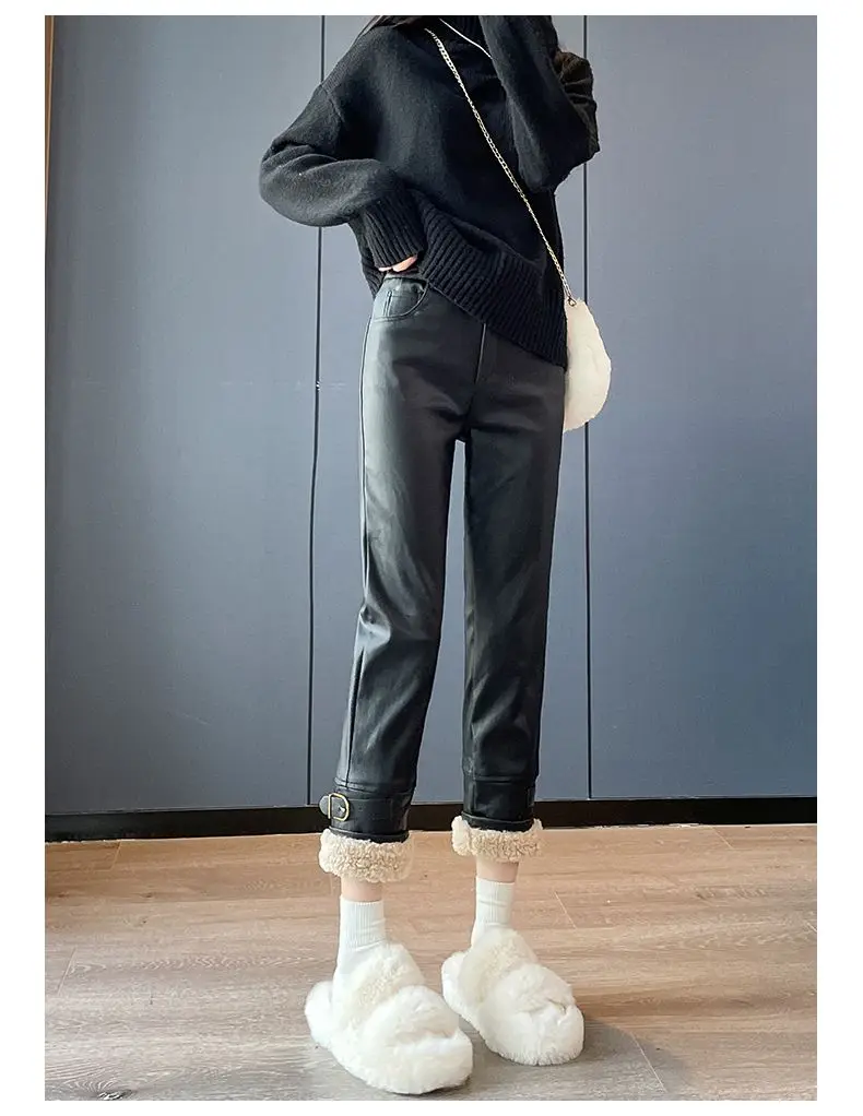 2026 Winter New Women Splicing Thickened Straight High Waisted Slimming Lamb Hair Leather Pants Korean Fashion