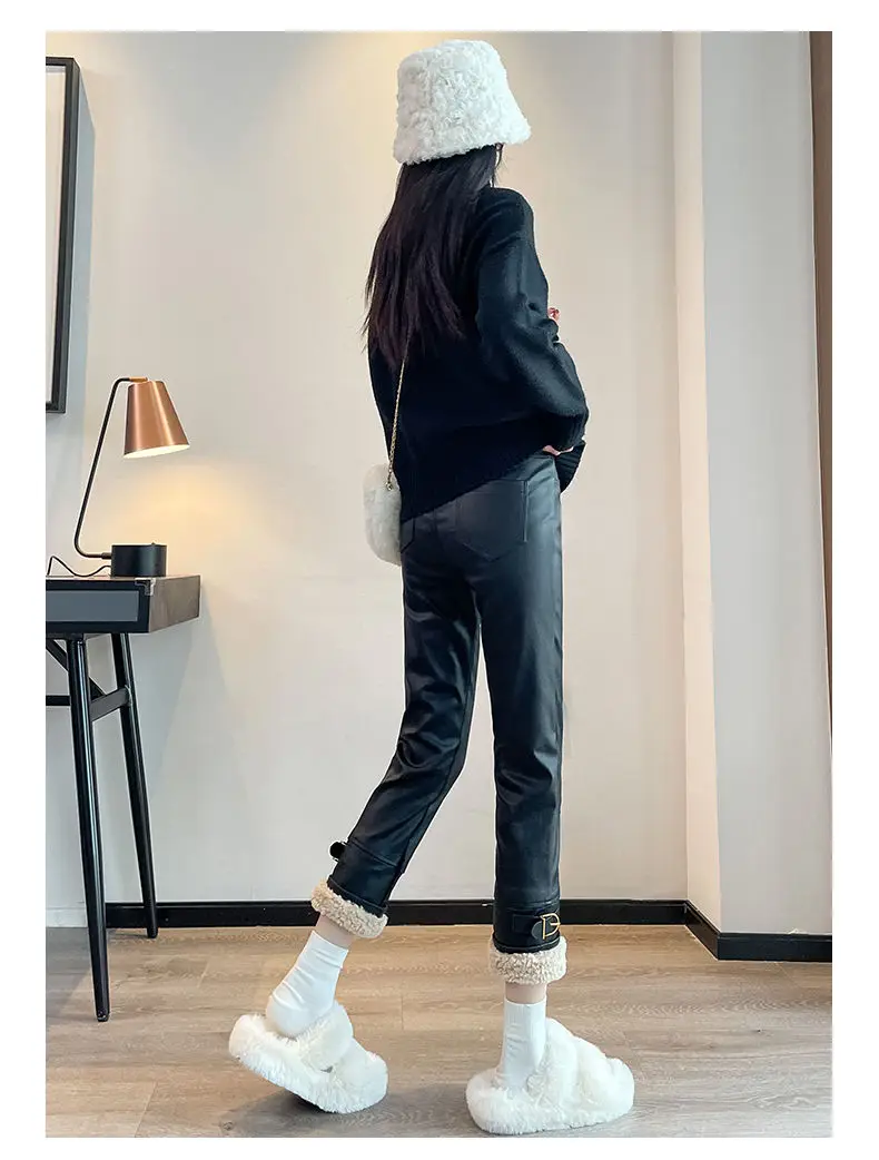 2026 Winter New Women Splicing Thickened Straight High Waisted Slimming Lamb Hair Leather Pants Korean Fashion