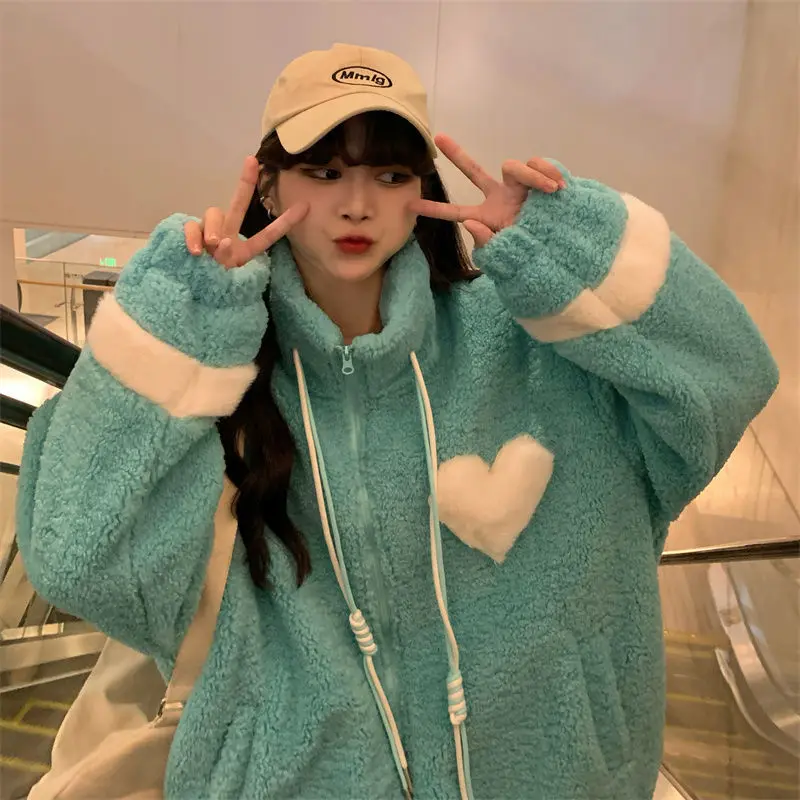 Women Jacket Lamb Plush Thickened Love Stand-up Collar Jacket Women Loose Korean Winter New Student Zipper Plus Fleece Top Tide