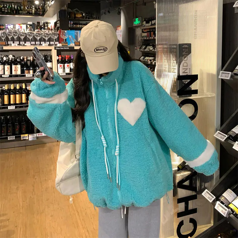 Women Jacket Lamb Plush Thickened Love Stand-up Collar Jacket Women Loose Korean Winter New Student Zipper Plus Fleece Top Tide