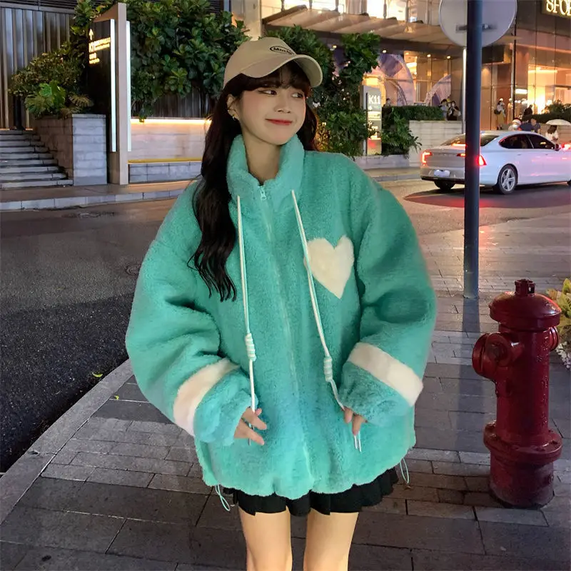 Women Jacket Lamb Plush Thickened Love Stand-up Collar Jacket Women Loose Korean Winter New Student Zipper Plus Fleece Top Tide