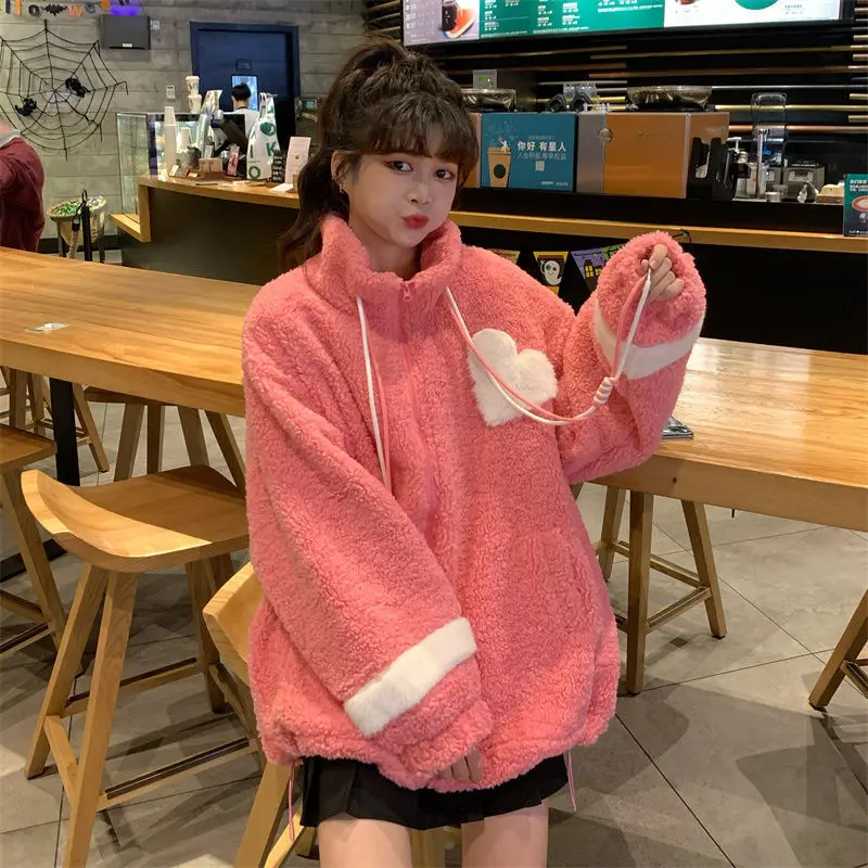 Women Jacket Lamb Plush Thickened Love Stand-up Collar Jacket Women Loose Korean Winter New Student Zipper Plus Fleece Top Tide