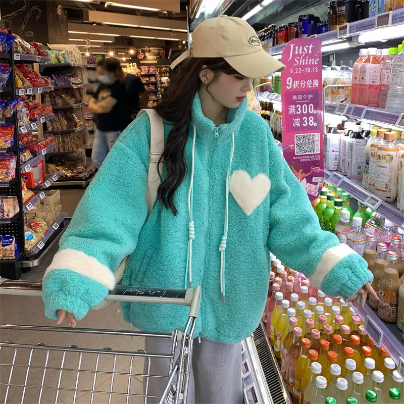 Women Jacket Lamb Plush Thickened Love Stand-up Collar Jacket Women Loose Korean Winter New Student Zipper Plus Fleece Top Tide