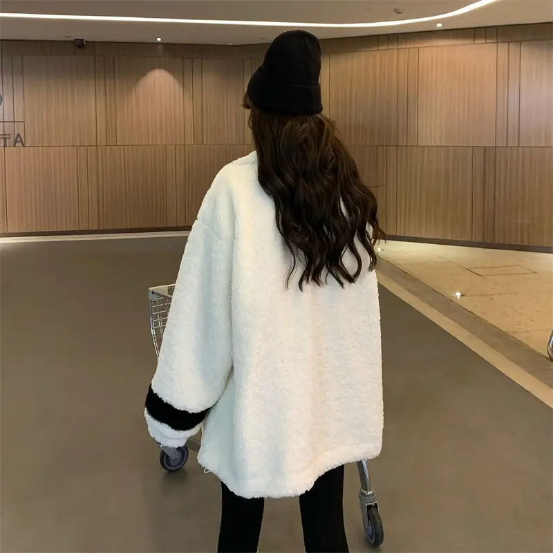 Women Jacket Lamb Plush Thickened Love Stand-up Collar Jacket Women Loose Korean Winter New Student Zipper Plus Fleece Top Tide