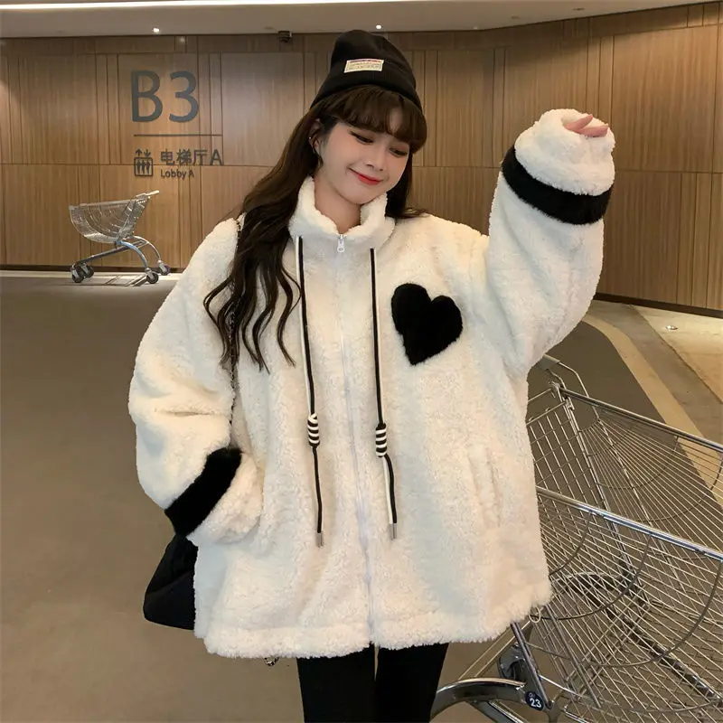 Women Jacket Lamb Plush Thickened Love Stand-up Collar Jacket Women Loose Korean Winter New Student Zipper Plus Fleece Top Tide