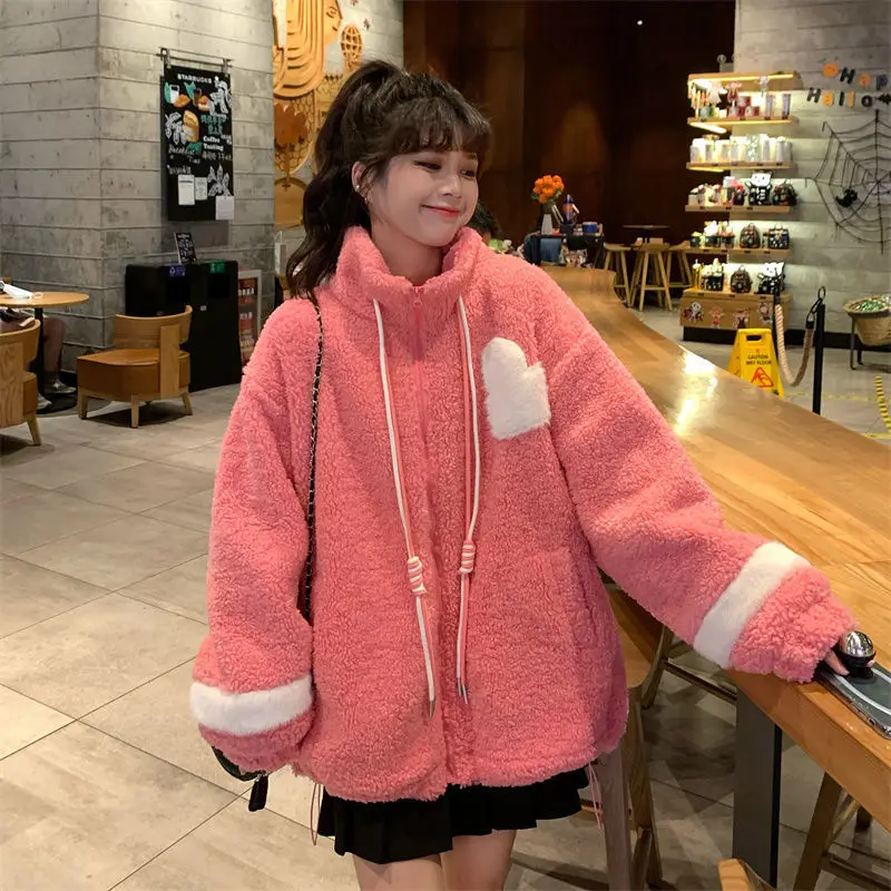 Women Jacket Lamb Plush Thickened Love Stand-up Collar Jacket Women Loose Korean Winter New Student Zipper Plus Fleece Top Tide