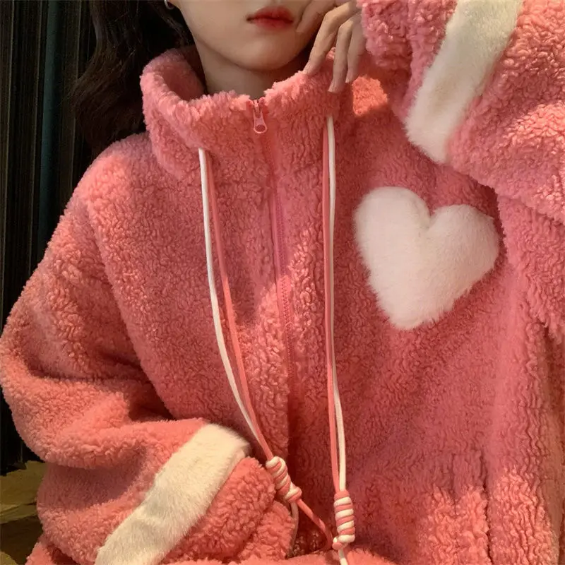 Women Jacket Lamb Plush Thickened Love Stand-up Collar Jacket Women Loose Korean Winter New Student Zipper Plus Fleece Top Tide