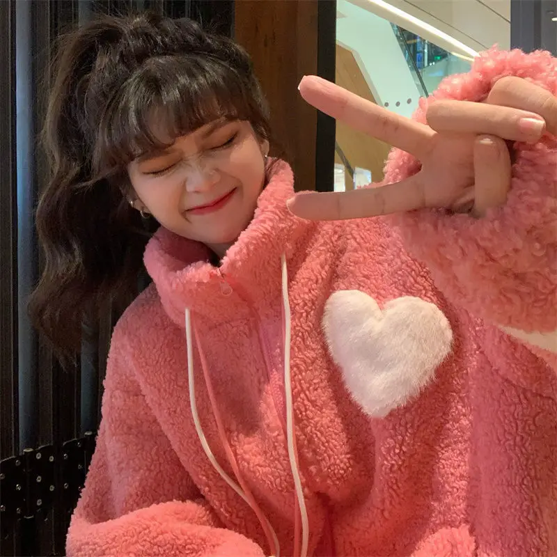 Women Jacket Lamb Plush Thickened Love Stand-up Collar Jacket Women Loose Korean Winter New Student Zipper Plus Fleece Top Tide