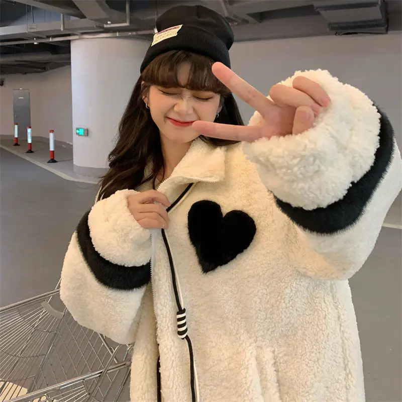 Women Jacket Lamb Plush Thickened Love Stand-up Collar Jacket Women Loose Korean Winter New Student Zipper Plus Fleece Top Tide