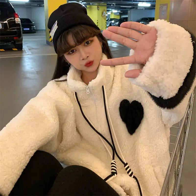 Women Jacket Lamb Plush Thickened Love Stand-up Collar Jacket Women Loose Korean Winter New Student Zipper Plus Fleece Top Tide