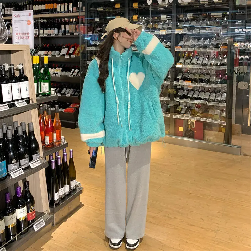 Women Jacket Lamb Plush Thickened Love Stand-up Collar Jacket Women Loose Korean Winter New Student Zipper Plus Fleece Top Tide