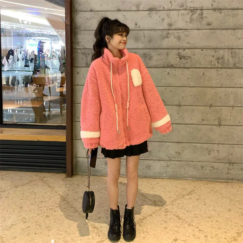 Women Jacket Lamb Plush Thickened Love Stand-up Collar Jacket Women Loose Korean Winter New Student Zipper Plus Fleece Top Tide