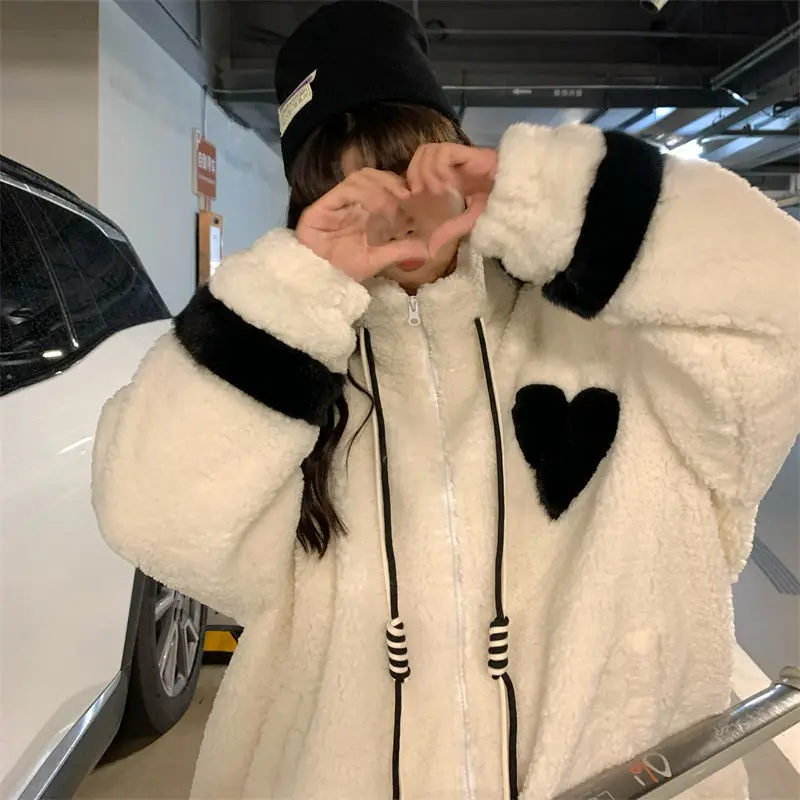 Women Jacket Lamb Plush Thickened Love Stand-up Collar Jacket Women Loose Korean Winter New Student Zipper Plus Fleece Top Tide
