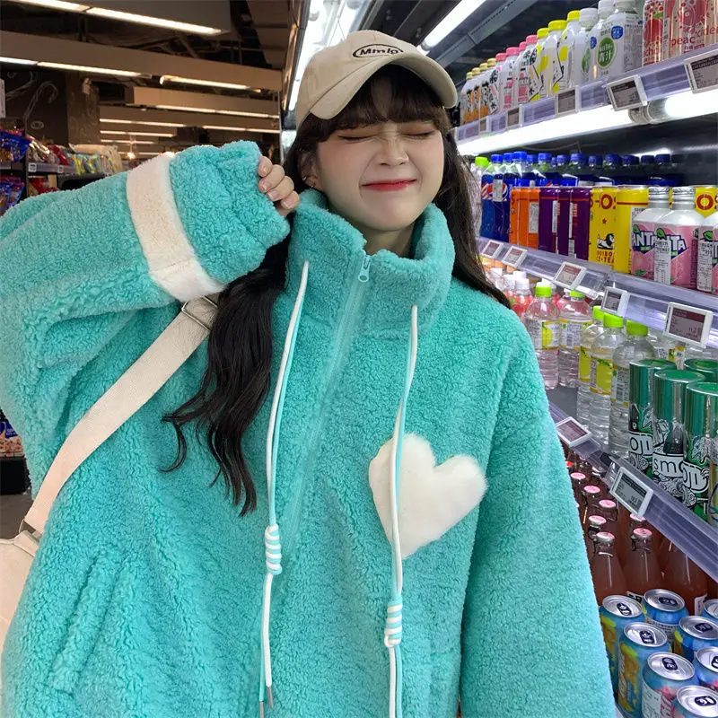 Women Jacket Lamb Plush Thickened Love Stand-up Collar Jacket Women Loose Korean Winter New Student Zipper Plus Fleece Top Tide