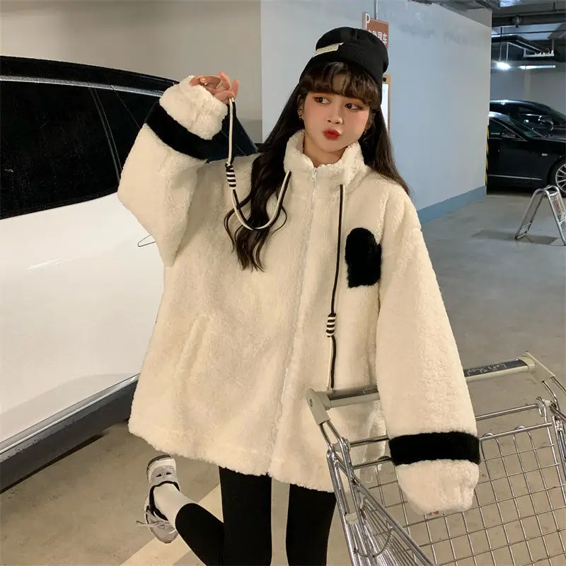 Women Jacket Lamb Plush Thickened Love Stand-up Collar Jacket Women Loose Korean Winter New Student Zipper Plus Fleece Top Tide