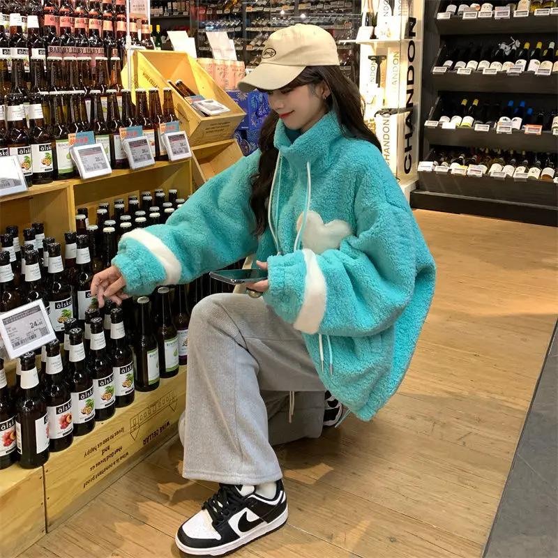 Women Jacket Lamb Plush Thickened Love Stand-up Collar Jacket Women Loose Korean Winter New Student Zipper Plus Fleece Top Tide