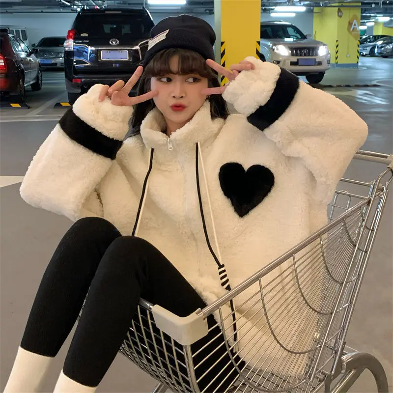 Women Jacket Lamb Plush Thickened Love Stand-up Collar Jacket Women Loose Korean Winter New Student Zipper Plus Fleece Top Tide