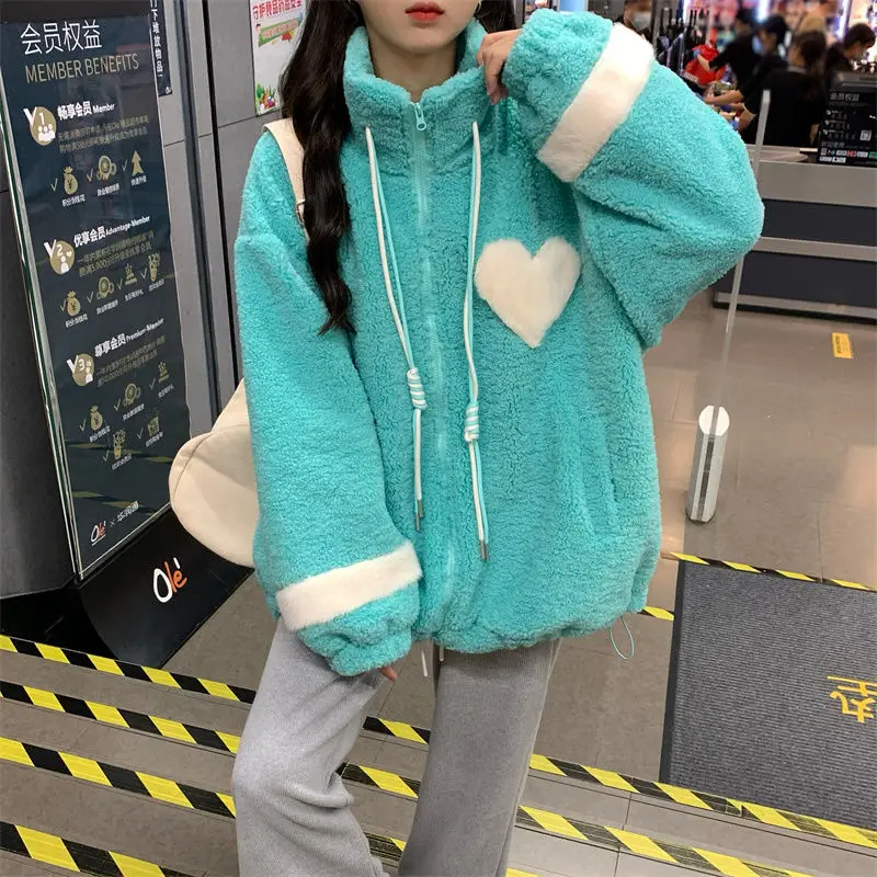 Women Jacket Lamb Plush Thickened Love Stand-up Collar Jacket Women Loose Korean Winter New Student Zipper Plus Fleece Top Tide