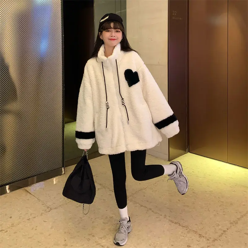 Women Jacket Lamb Plush Thickened Love Stand-up Collar Jacket Women Loose Korean Winter New Student Zipper Plus Fleece Top Tide