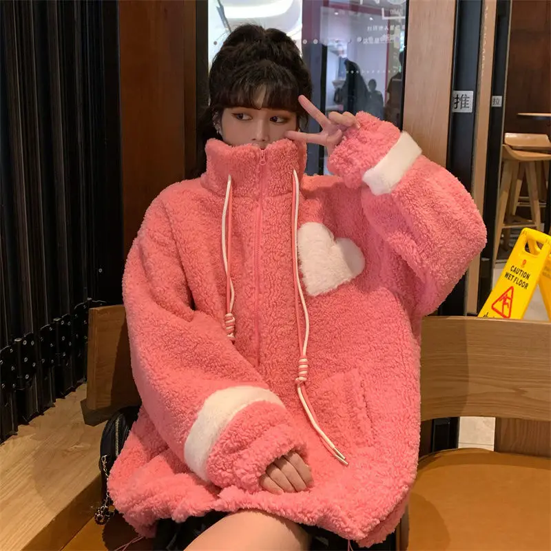 Women Jacket Lamb Plush Thickened Love Stand-up Collar Jacket Women Loose Korean Winter New Student Zipper Plus Fleece Top Tide