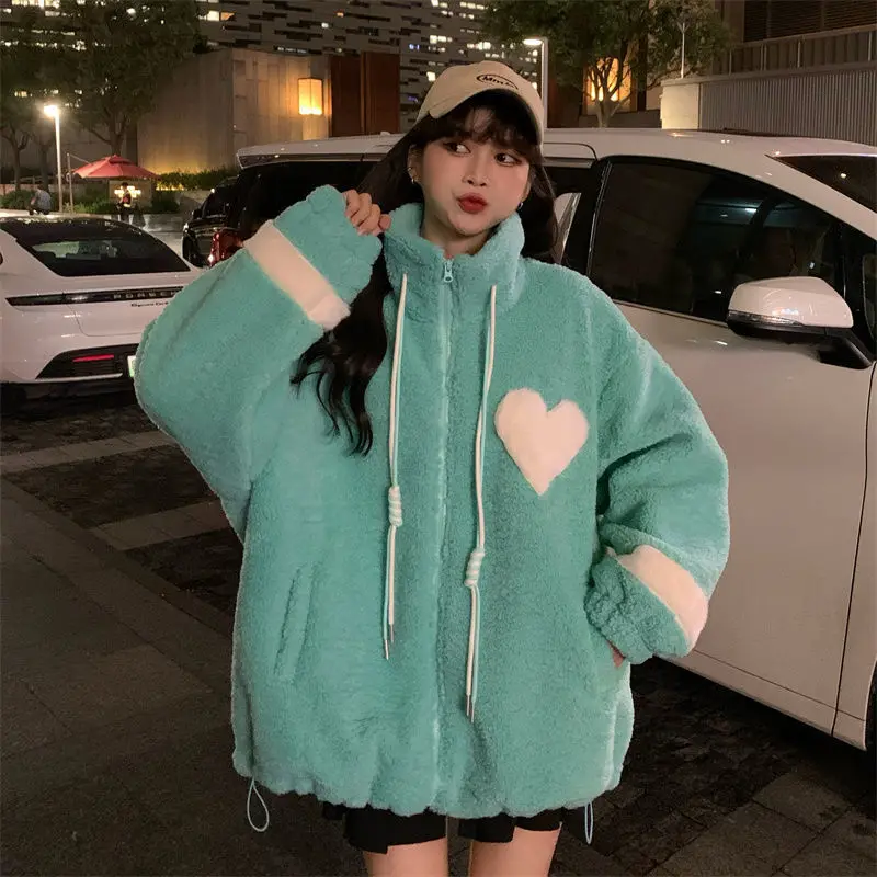 Women Jacket Lamb Plush Thickened Love Stand-up Collar Jacket Women Loose Korean Winter New Student Zipper Plus Fleece Top Tide
