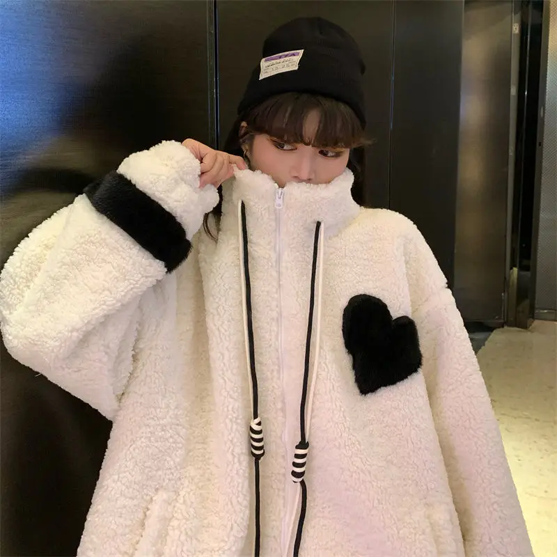 Women Jacket Lamb Plush Thickened Love Stand-up Collar Jacket Women Loose Korean Winter New Student Zipper Plus Fleece Top Tide